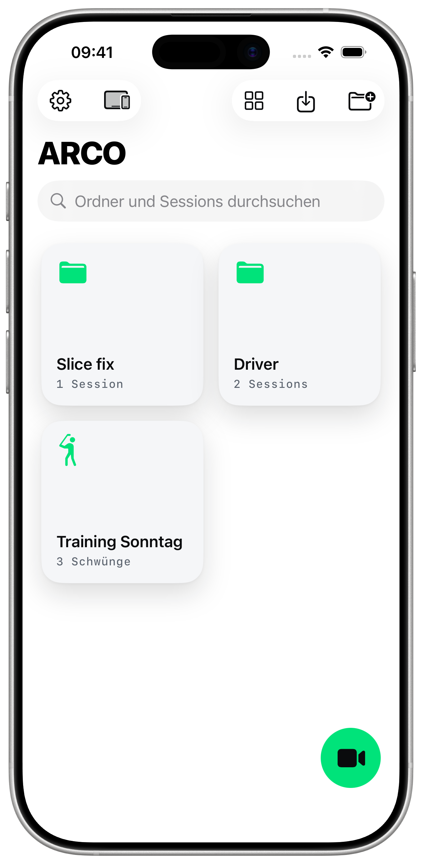 ARCO Bibliothek auf dem iPhone: Suchfeld sowie die Ordner „Slice fix“, „Driver“ und „Training Sonntag“ mit Anzahl der Sessions.