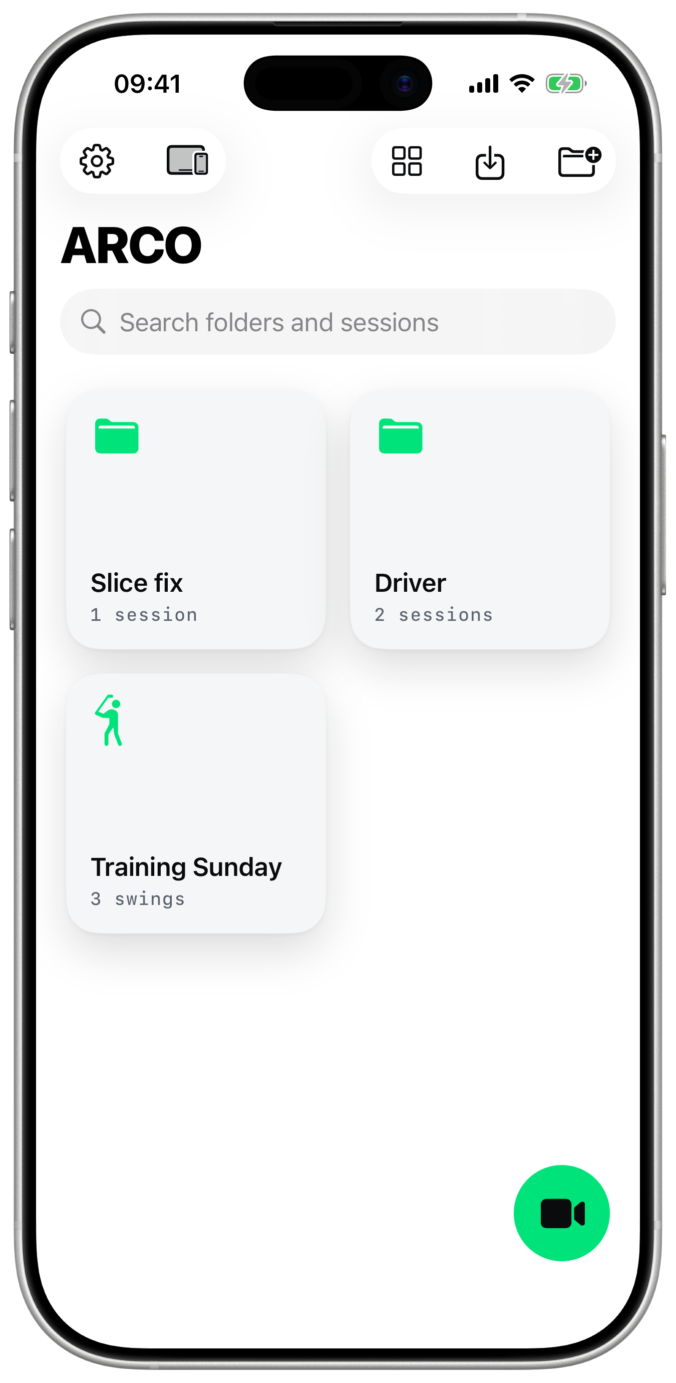 The ARCO library on iPhone: a search field and folders with the number of sessions in each.